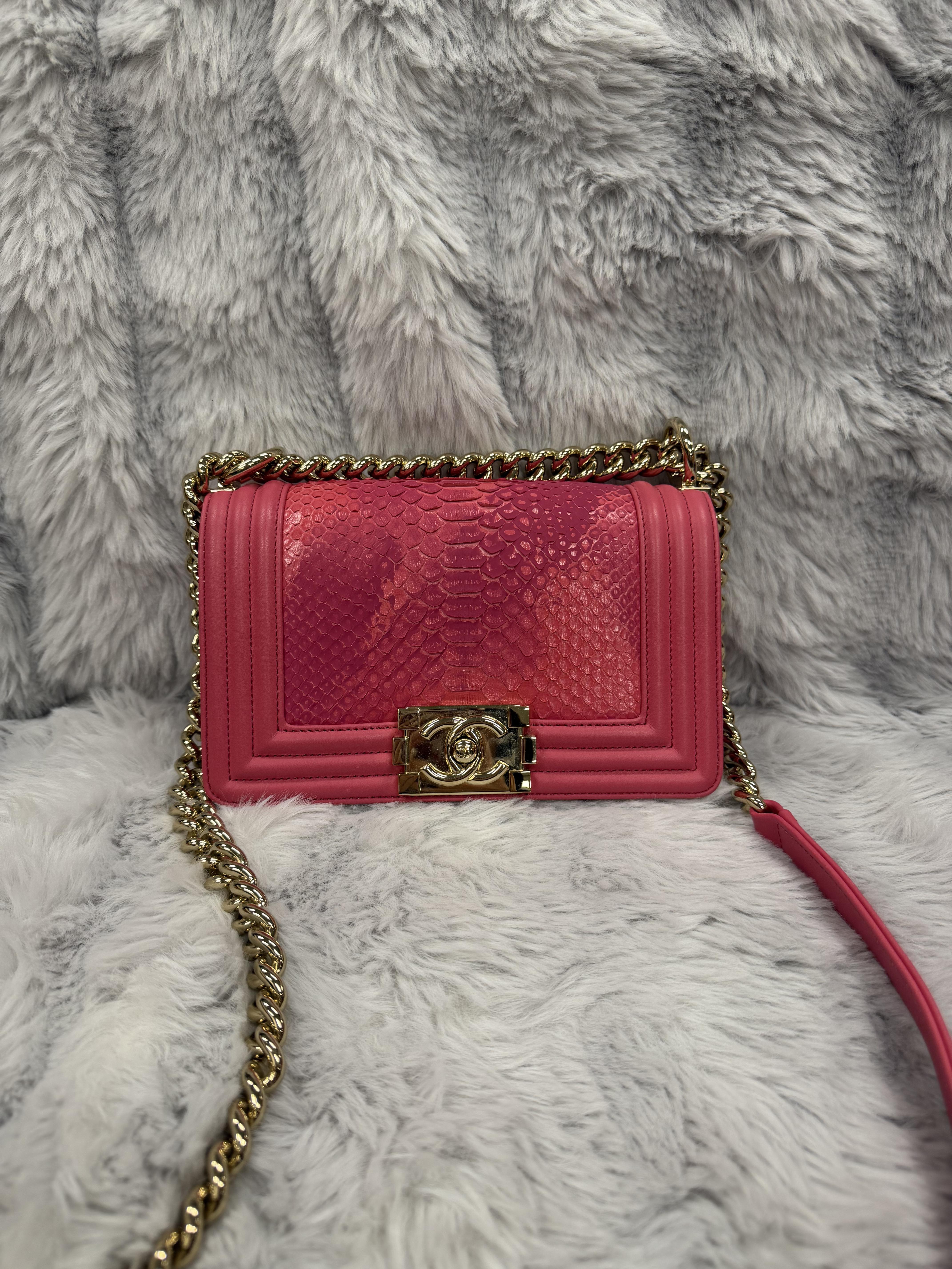 Pre-owned CHANEL Python Shoulder Bags Rose Red Small Boy Flap Bags XiaoTang0210