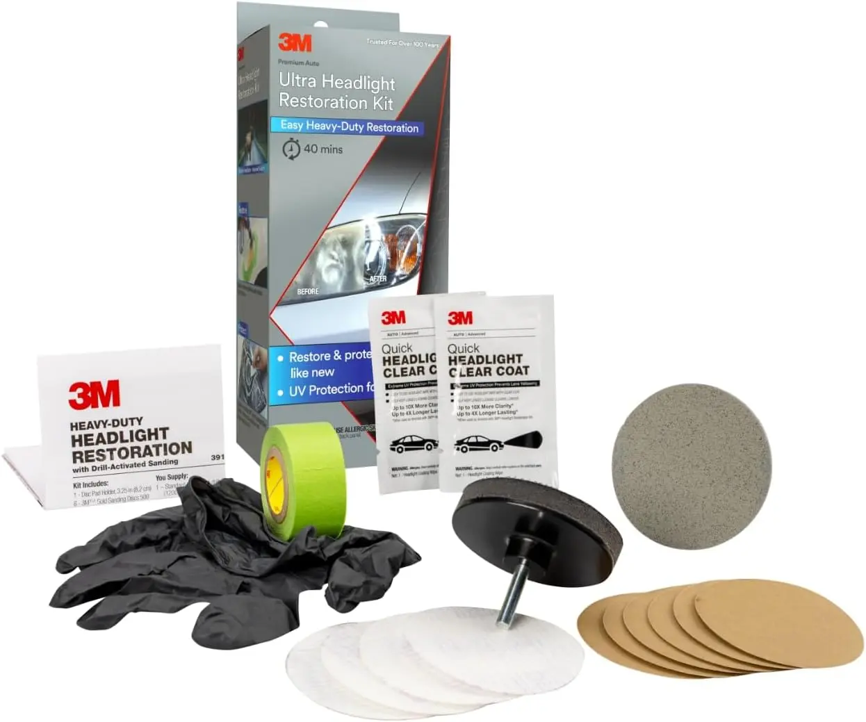 Heavy Duty Headlight Restoration Kit for Plastic Lenses, Complete System with Masking Tape, Sanding Discs and Protective Wax to Restore Cloudy Headlights and Taillights, Easy DIY Vehicle Care Essential for Clear Visibility