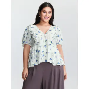 【Summer Turn-Up】【V-neck】BlOOMCHIC Plus Size Floral Print Tiered V-Neck Blouse [M-6X] 2026 Summer Pick for Mother's Day Swimweek