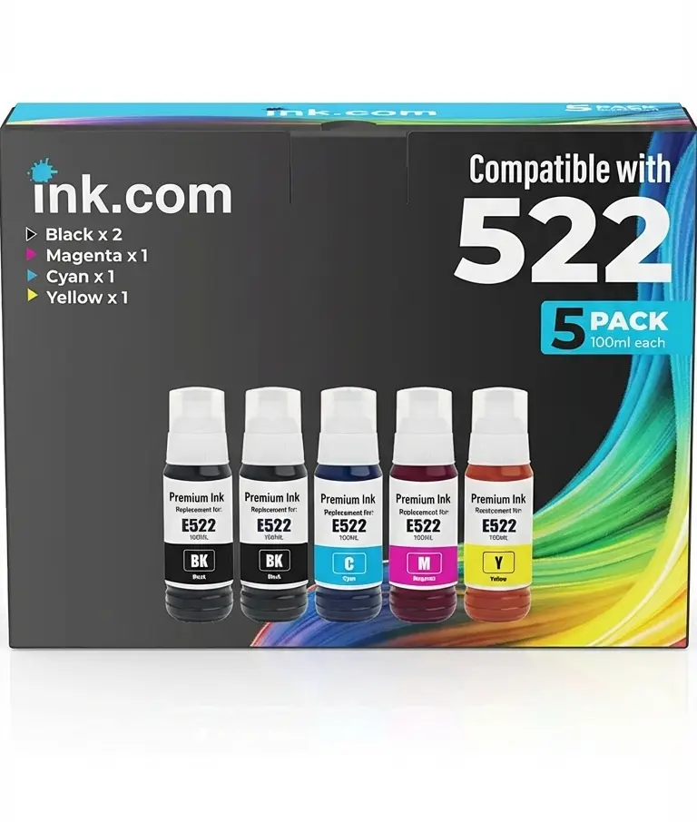 Ink.com 5-Pack High Capacity Ink Cartridge Refills - Refillable Ink, Spill-Proof, Easy-to-Use Design, Long-Lasting Supply, Cost-Reducing Replacements with Cyan for Epson ET-2803, ET-2800, ET-2720, ET-4800 Printers (Crisp Black Text, Vibrant Color Output)