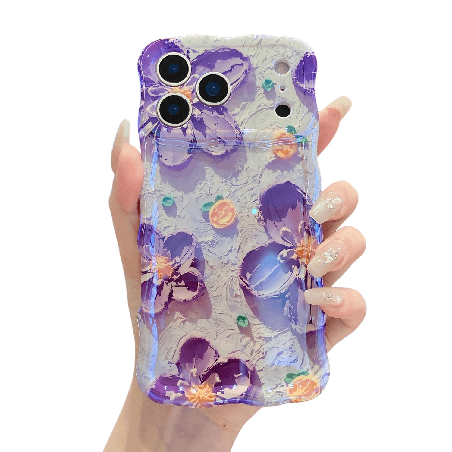 Case for iPhone 17 Pro Max 17 Air 16 15 14 13 Pro Max, Colorful Oil Painting Flower Laser Glossy Pattern Cute Curly Wave Edge Cover TPU Protective Case for Girl Women