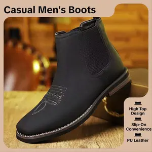 Men's Retro Chelsea Boots with Hand-embroidered Hand-style Casual Versatile Mid-calf Square Toe Ankle Boots for Spring and Autumn - Outdoor Western Cowboy Style,summervibes