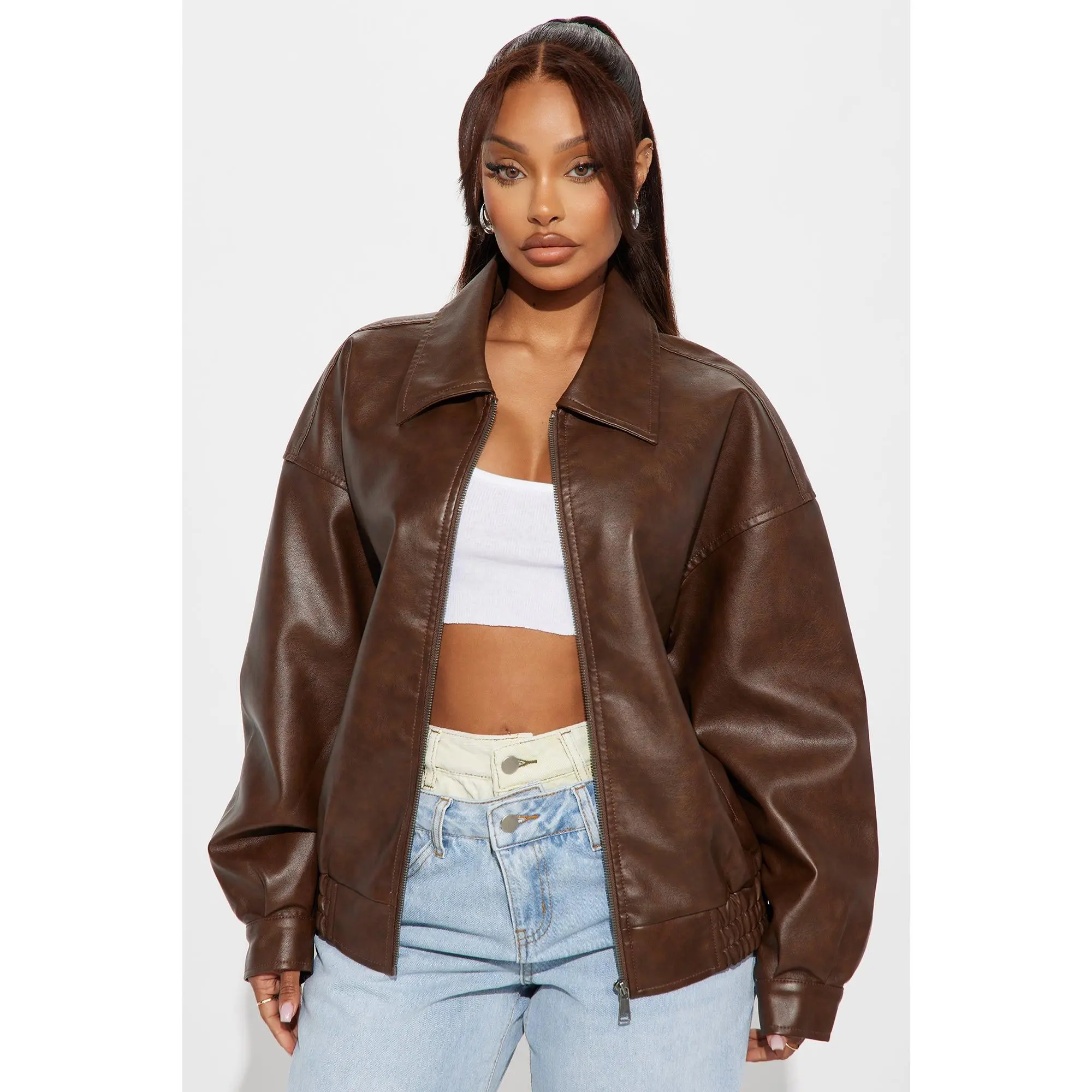 Hustle Mode Oversized Faux Leather Jacket - Chocolate