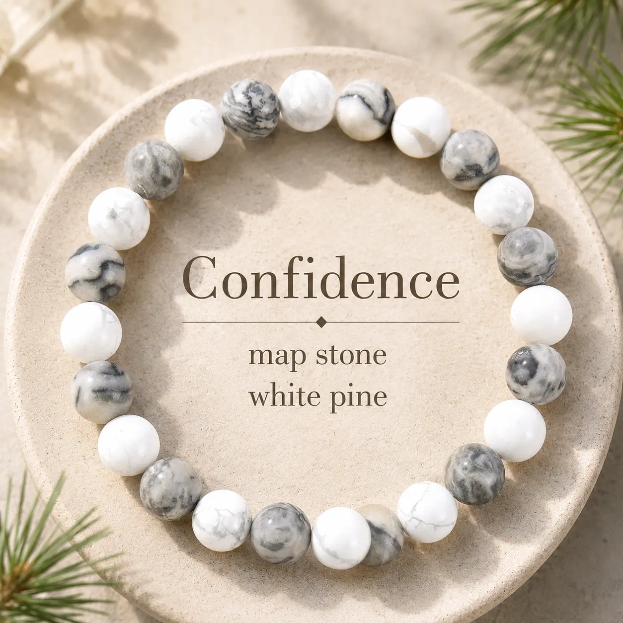 Casual Beaded Bracelet with 8mm Natural Map Stone & White Pine, Self-Confidence Jewelry, November Birthstone Graduation Gifts, College Graduation Gifts