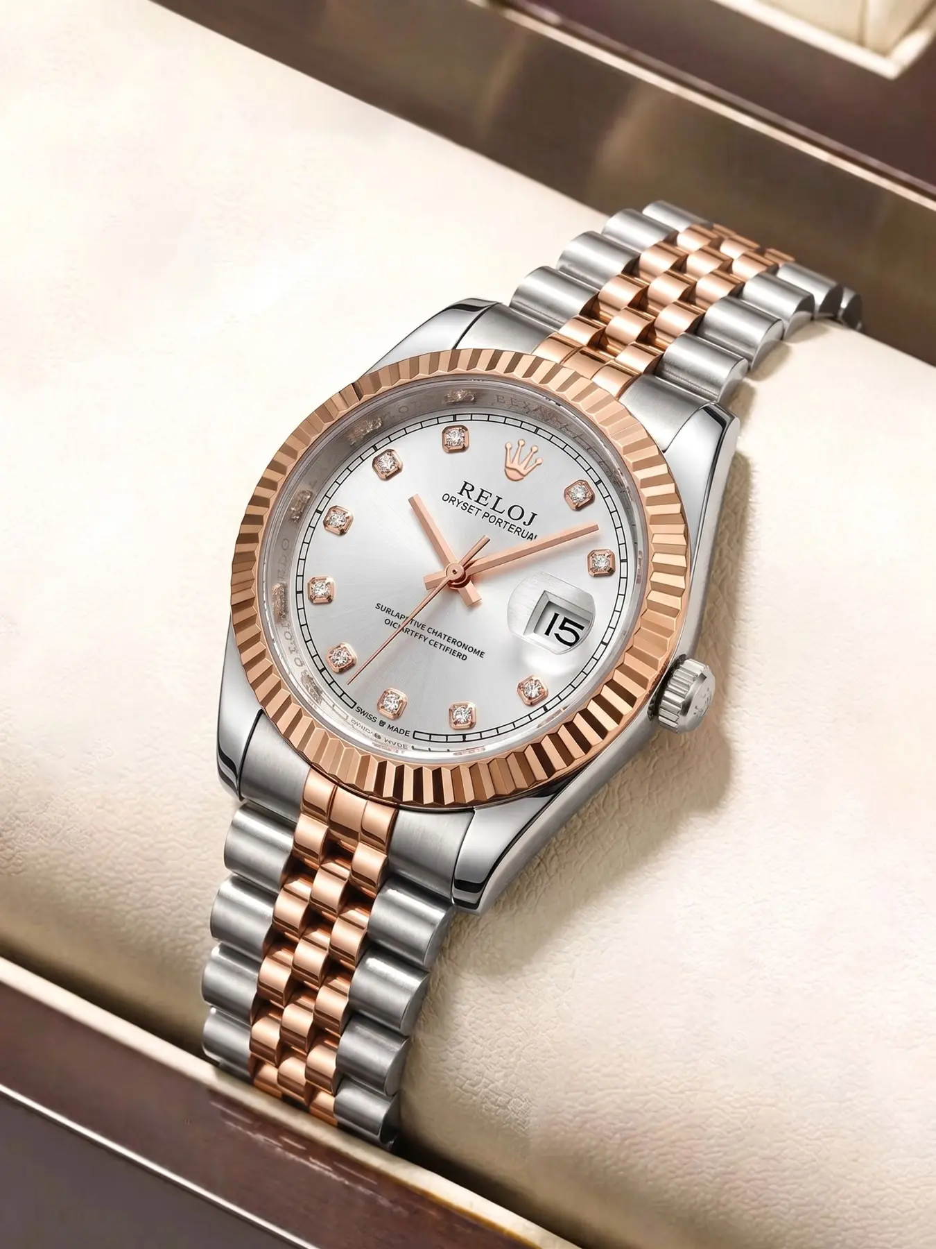 Temperament Room Gold Rose Gold Women's Quartz Watch with Diamond Inlaid Calendar Waterproof Steel Strip Watch Light Luxury Diary Style Versatile Women's Watch Workplace Dating High End Sense Watch Round Face Watch