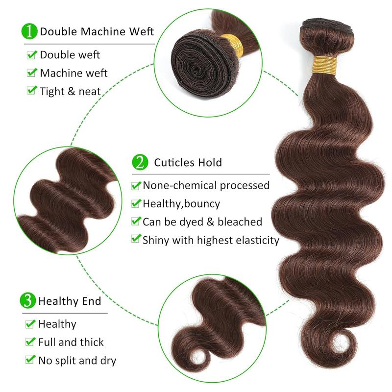 Chocolate Brown Bundles Glossy Hair Bundles Brazilian Body Wave Bundles with Lace Frontal Raw human hair bundles 100% Unprocessed Brazilian Virgin Hair Bundles Quick Weave Hair Extension Outdoorfun Wig deals for you days