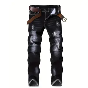 Men'S Jeans With Elastic Distressed Embroidery, Slim Fit And Slimming Effect, Deep Blue Pants, Suitable For All Seasons   Menswear Spandex