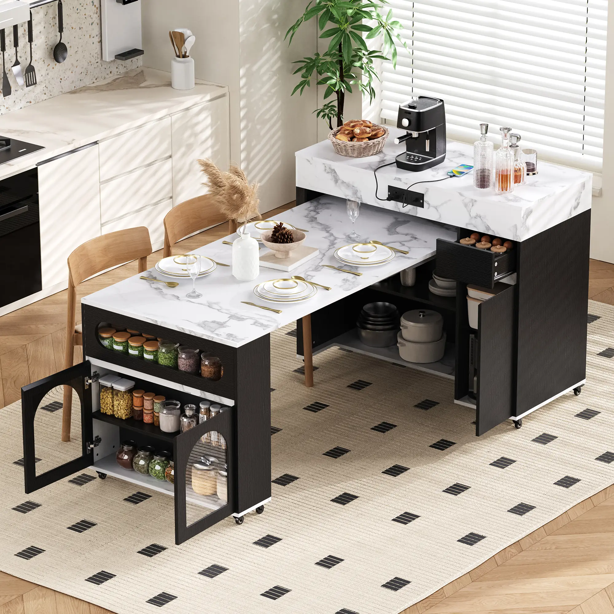 Extendable Kitchen Island with Storage, Rolling Mobile Cart with Drop-Leaf Tabletop, Heavy Duty Utility Serving Cart with Drawer & Cabinet, Multi-Functional Kitchen Cart for Dining, Living Room, Small Spaces