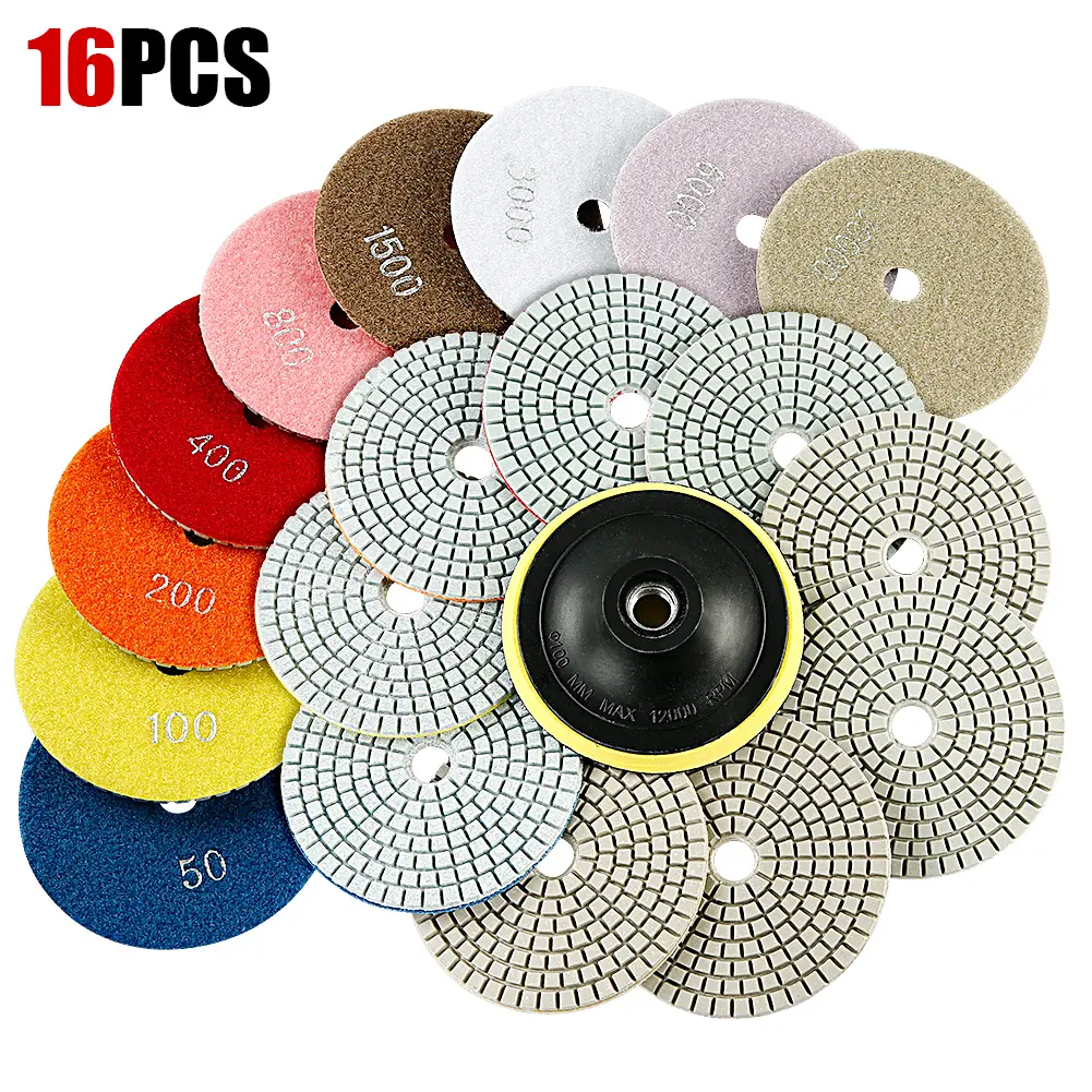 LOZLIN 16PCS 4" Diamond Polishing Pad Kit, 50-3000 Grit Wet/Dry Buffing Discs with 5/8"-11 Backer Pad for Angle Grinders, Concrete, Granite, Marble and Stone Countertops