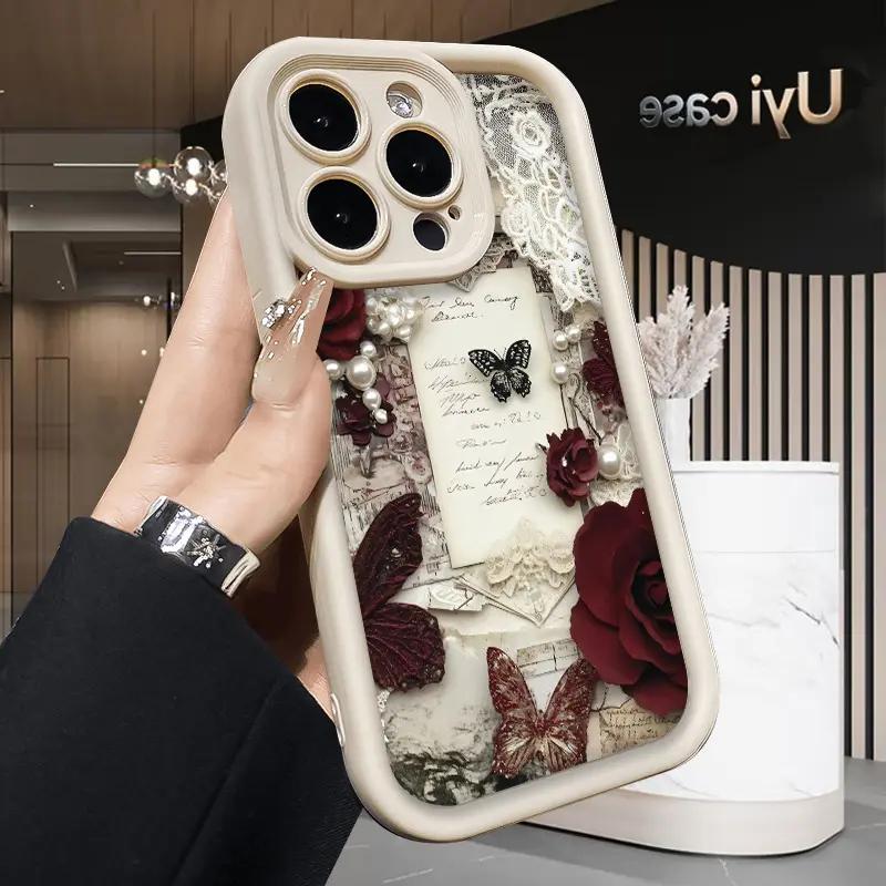 Romantic Rose Letters pattern phone case, compatible with iPhone 17 Pro Max, 16 Pro Max, 15 Pro, 14, 13, 12, and 11.  Shockproof and drop-resistant phone case made of durable silicone material.