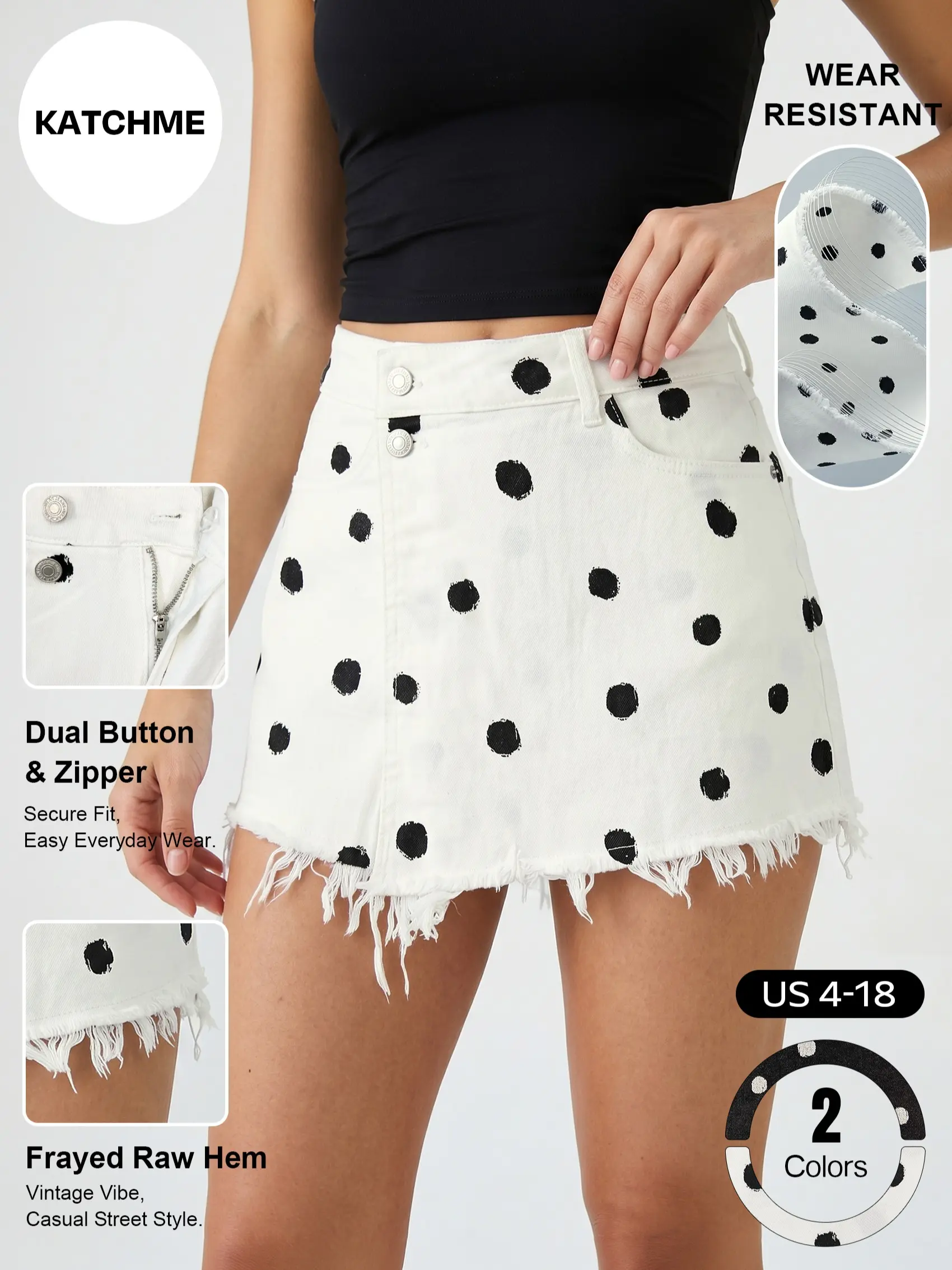 Katch Me Chic Women's Casual High Waist Polka Dot Frayed Denim Skorts, Versatile Multi-Pocket Double Button Durable Shorts, Wear-Resistant Cotton Women's Bottom #TikTokMadeMeBuyIt #SummerEssentials #Bottoms #DenimOutfit #Jeans