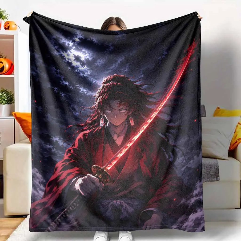 Samurai Warrior Flannel Blanket Japanese Anime Fantasy Sword Print Soft Lightweight Warm Cozy Plush Throw Bedspread for Sofa Bedroom Living Room Travel Camping Birthday Gift Decor