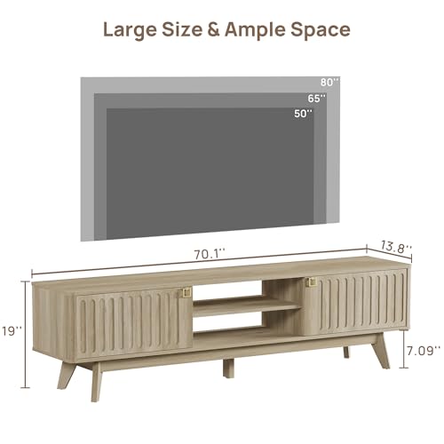 SICOTAS TV Stand for Living Room, 70" Long TV Stand Entertainment Center with 2 Storage Cabinets, Modern Fluted-Door Media TV Console Credenza Table for 65/75/80 Inch TV, Light Oak