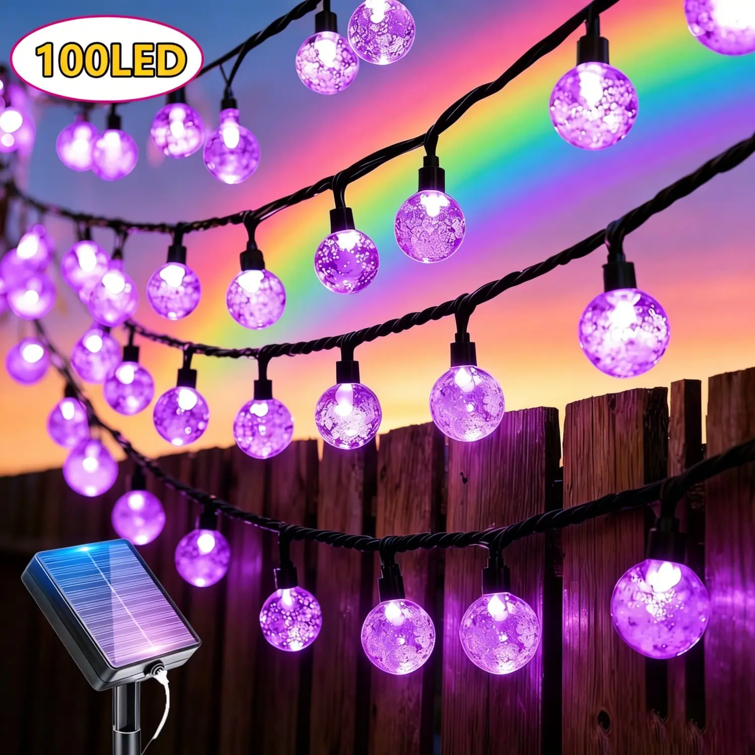 Solar Outdoor Bubble Ball String Lights - 100 LED Purple Spherical Lights with 8 Lighting Modes, IPX4 Waterproof, Ideal for Garden, Valentine’s Day Decorations, Solar Outdoor Lights