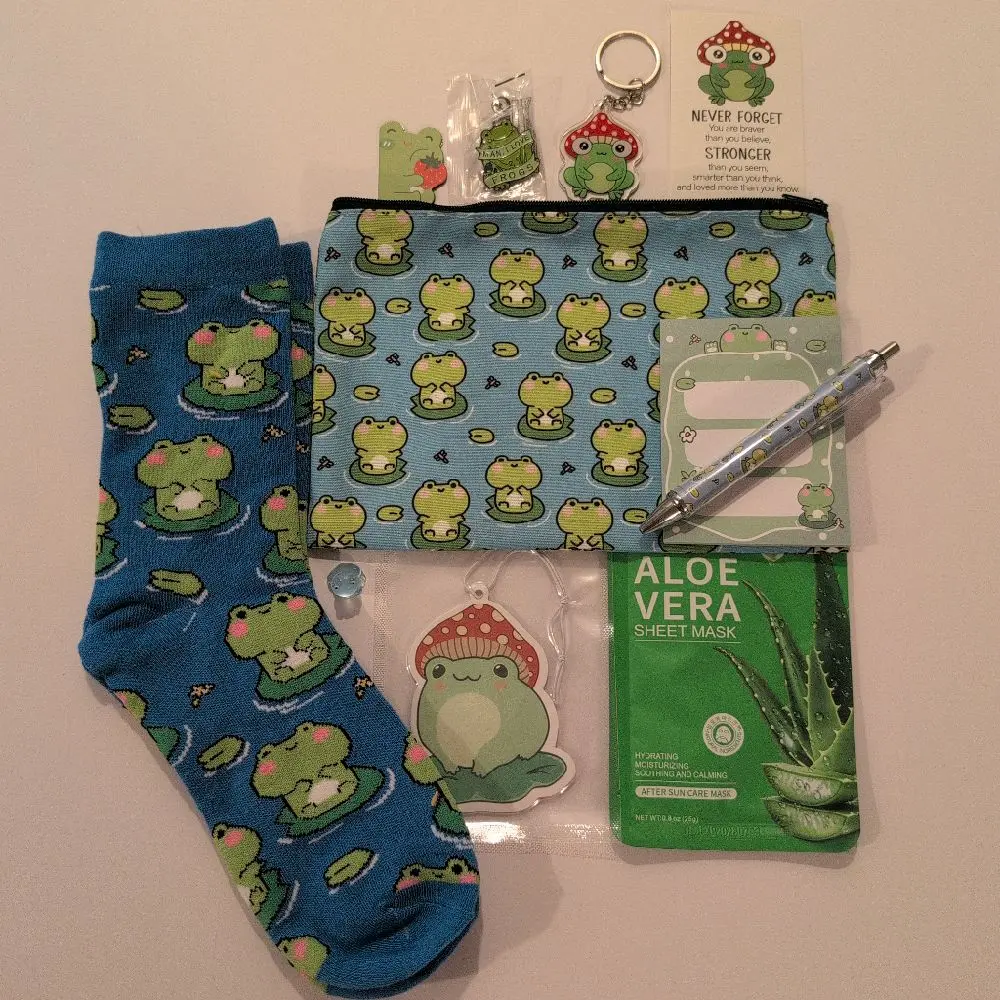 Frog Pouch with Socks Face Mask Freshner Broach Card Figurine Bookmark Keychain Notepad Pen Bag Bundle Set for Makeup and Organizing Stationary 9x6in Gift