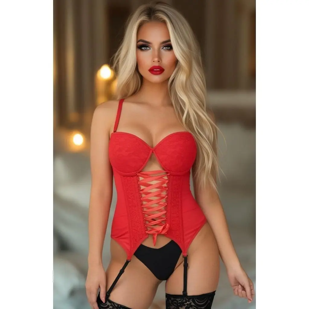 Lavish Red Lycra & Lace Hook & Eye Lace-Up Bustier Corset w/Garters