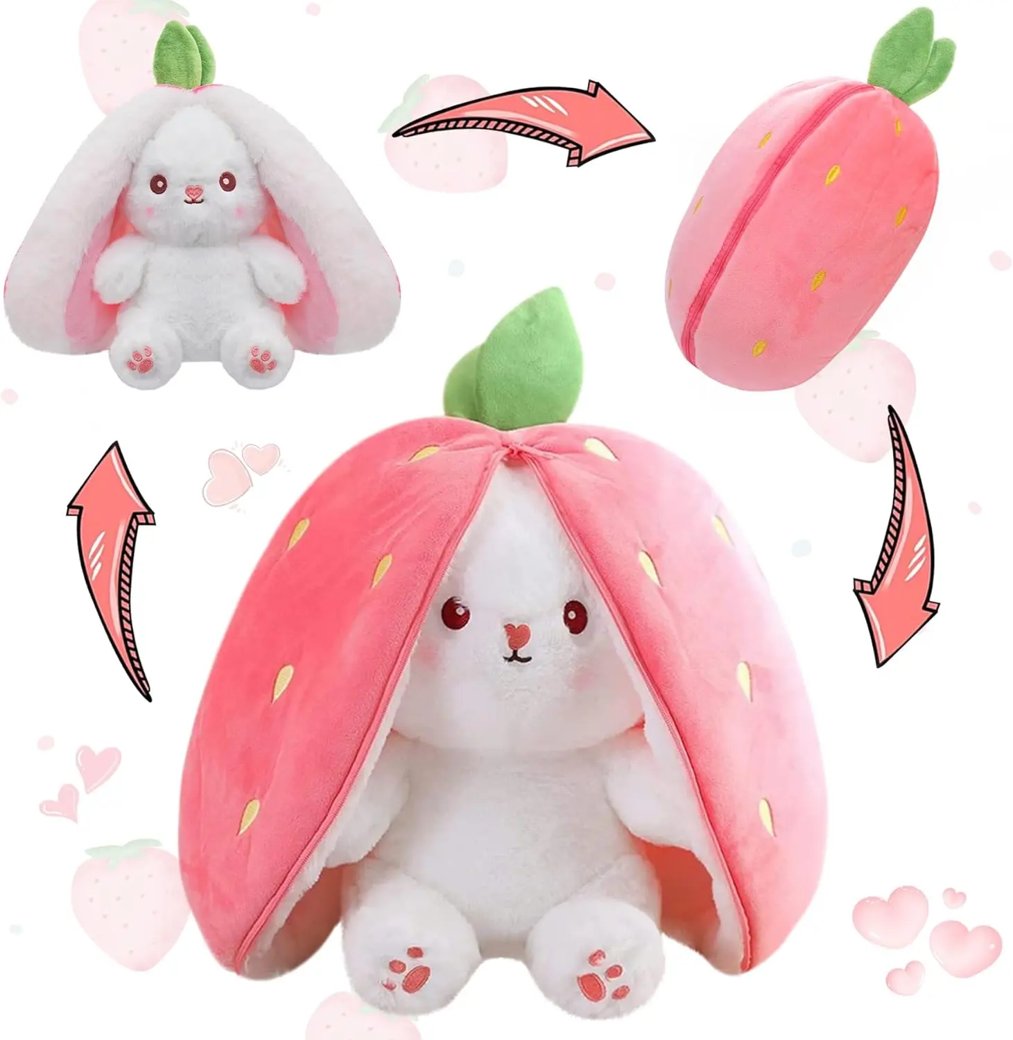 10 inch Bunny Stuffed Animal Reversible Cuddle Bunny Stuffed,Strawberry Bunny Transformed Rabbit Plush Zipper,Turns Into Ears Bunnies Plushies Toy Cute Stuffy Doll Easter Girlfriend Gift,dorm essentials,dorm decor,dorm room decor