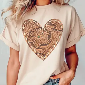 Vintage Western Tshirt Retro BOHO Brown Leather Print Graphic Heart Tee Turquoise Cowgirl Cowboy Top Casual Womens Crewneck Sublimatio Shirt
