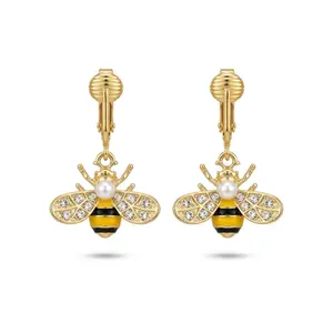 Simulated Pearl Bee Gold Clip On Dangling Earrings
