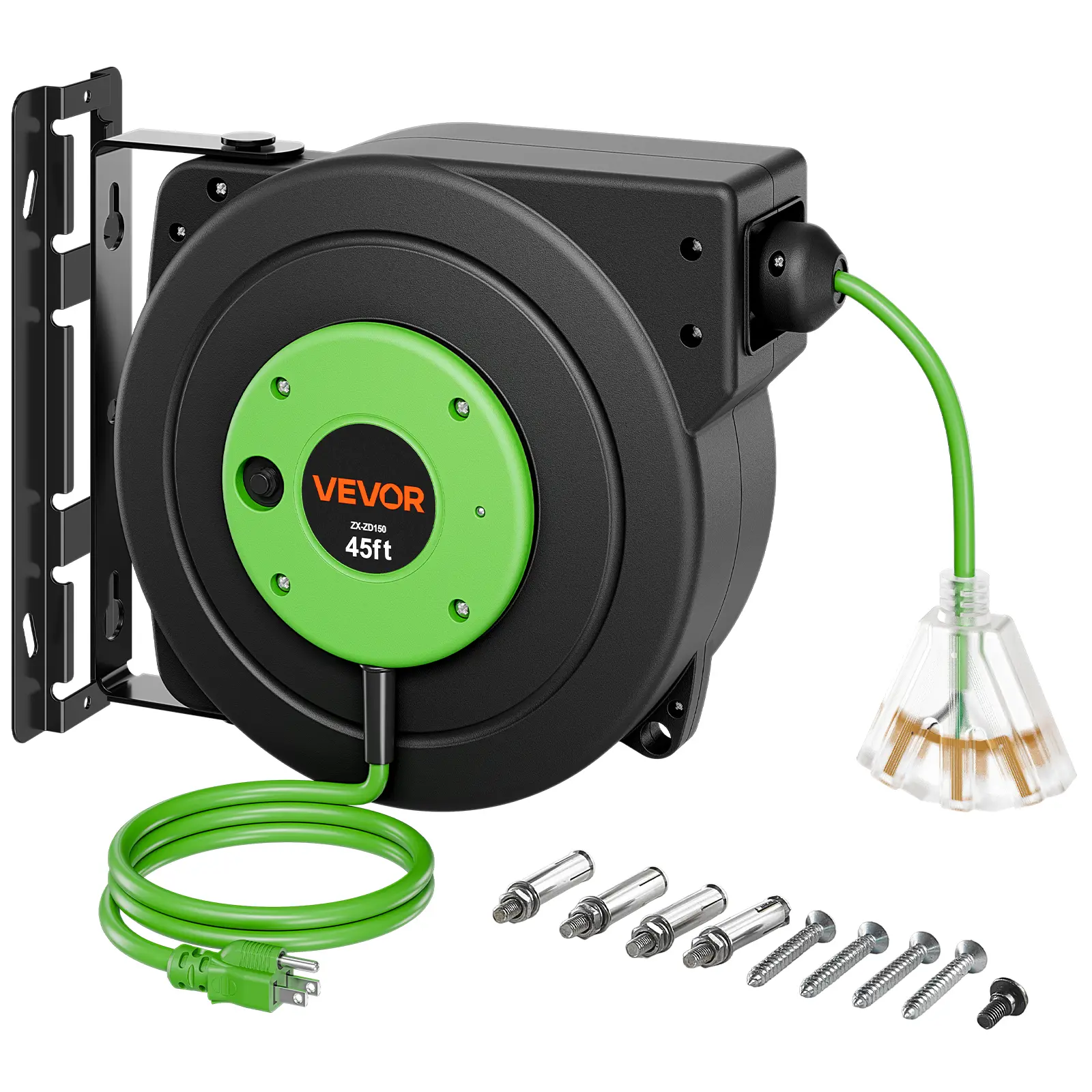 VEVOR Outdoor Safe Retractable Extension Cord Reel, 45FT Heavy-Duty 12AWG/3C SJTOW Green, Ceiling/Wall Mountable, 15A Circuit Breaker, Automatic Retraction, Lighted Triple Tap, 180° Swivel Bracket
