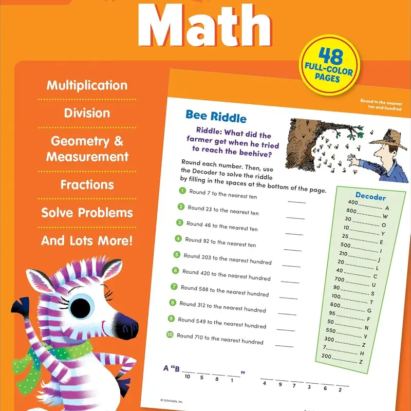 Scholastic Inc. Grade 3 Math Workbook Paperback - Soft Cover Education Textbook, Motivating Exercises, Easy-to-Follow Directions, Fractions Basics, Story Problem Help, Reasoning and Logic Enhancement, At-Home Use, English Language Learning Resource