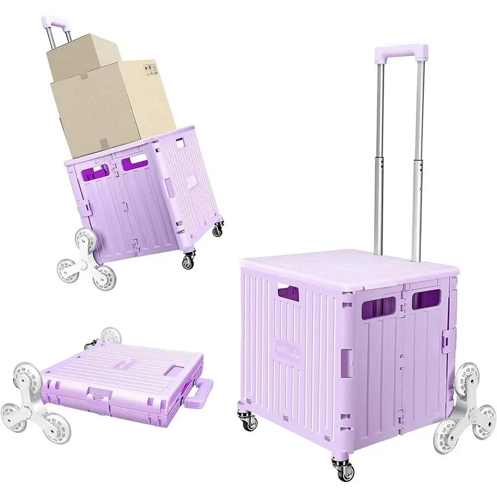 Foldable Multifunctional Plastic-Body Pull-Along Storage Cart - Blue/Purple, 65L Large Capacity Bag, 3-Stage Telescopic Handle, Portable Utility Cart for Household Users, Grocery Hauls