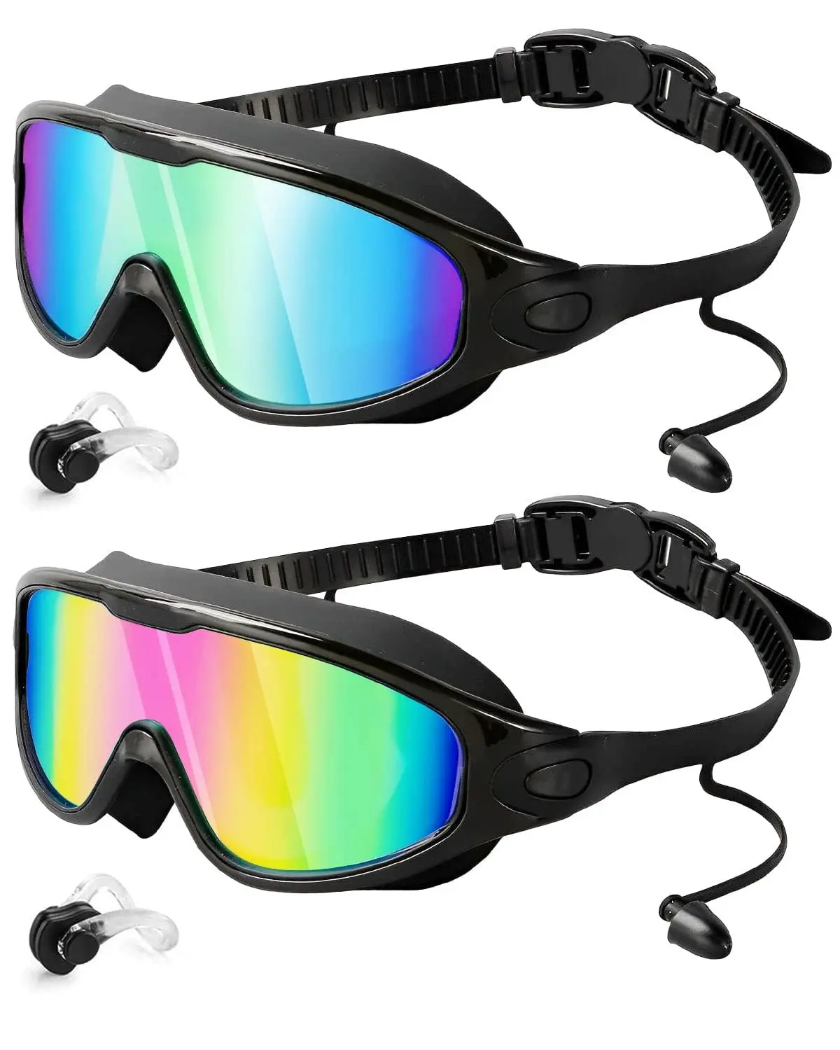 Swim Goggles 2 Pack，Summerwins 2-Pack Swim Goggles with Nose Clip & Earplugs， UV Protection, Leakproof Swimming Glasses for Adults & Kids, Pool Use