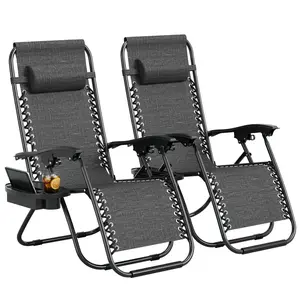 [FLASH SALE] Garvee Chair Set of 2, Outdoor Patio Lounge Chairs with Pillow & Cup Holder Tray, Adjustable Reclining Folding Chairs for Beach, Yard