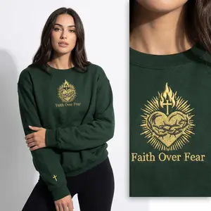 Embroidered Sacred Heart Sweatshirt, Faith Over Fear Christian Crewneck, Catholic Immaculate Heart Apparel, Religious Gift Hoodie