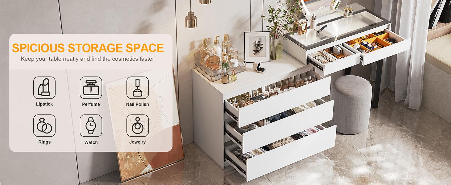 Miu Extendable Dressing Table with Drawers and Dresser, Corner Vanity Desk with Mirror，5-drawers，3-color-light