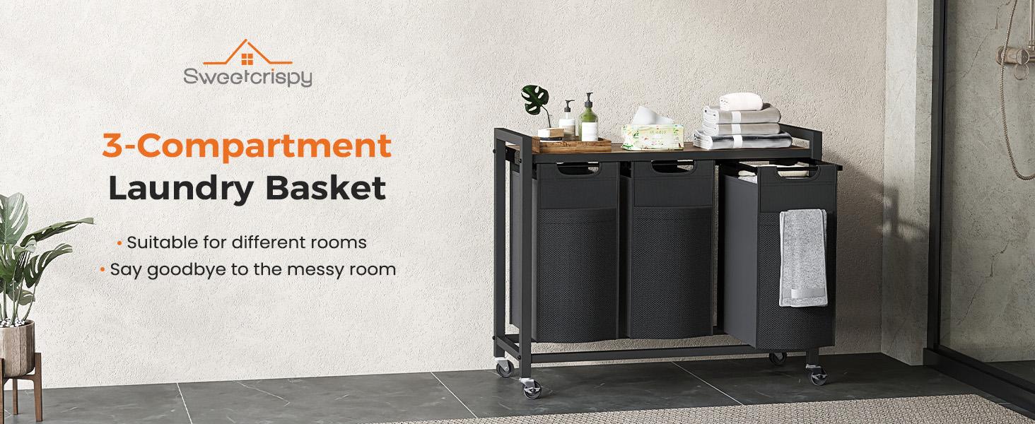 Laundry Hamper, Laundry Sorter with Shelf, Clothes Basket Organizer with 2 Pull-Out and Removable Bags, Movable Wheels for Laundry Room Bathroom Bedroom, Metal Frame, Black