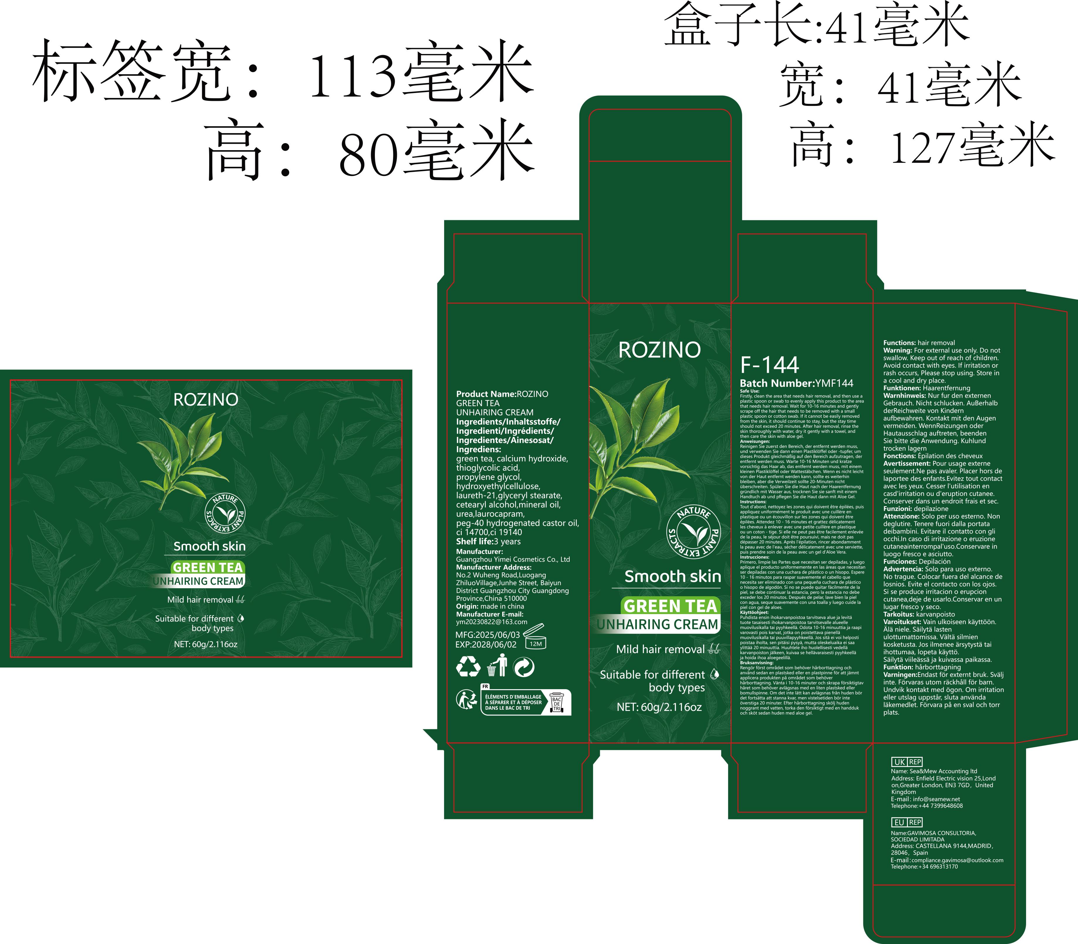 ROZINO Green Tea Hair Removal Cream - Mild & Non-Irritating Formula for Easy Lip Hair Removal Without Black Spots