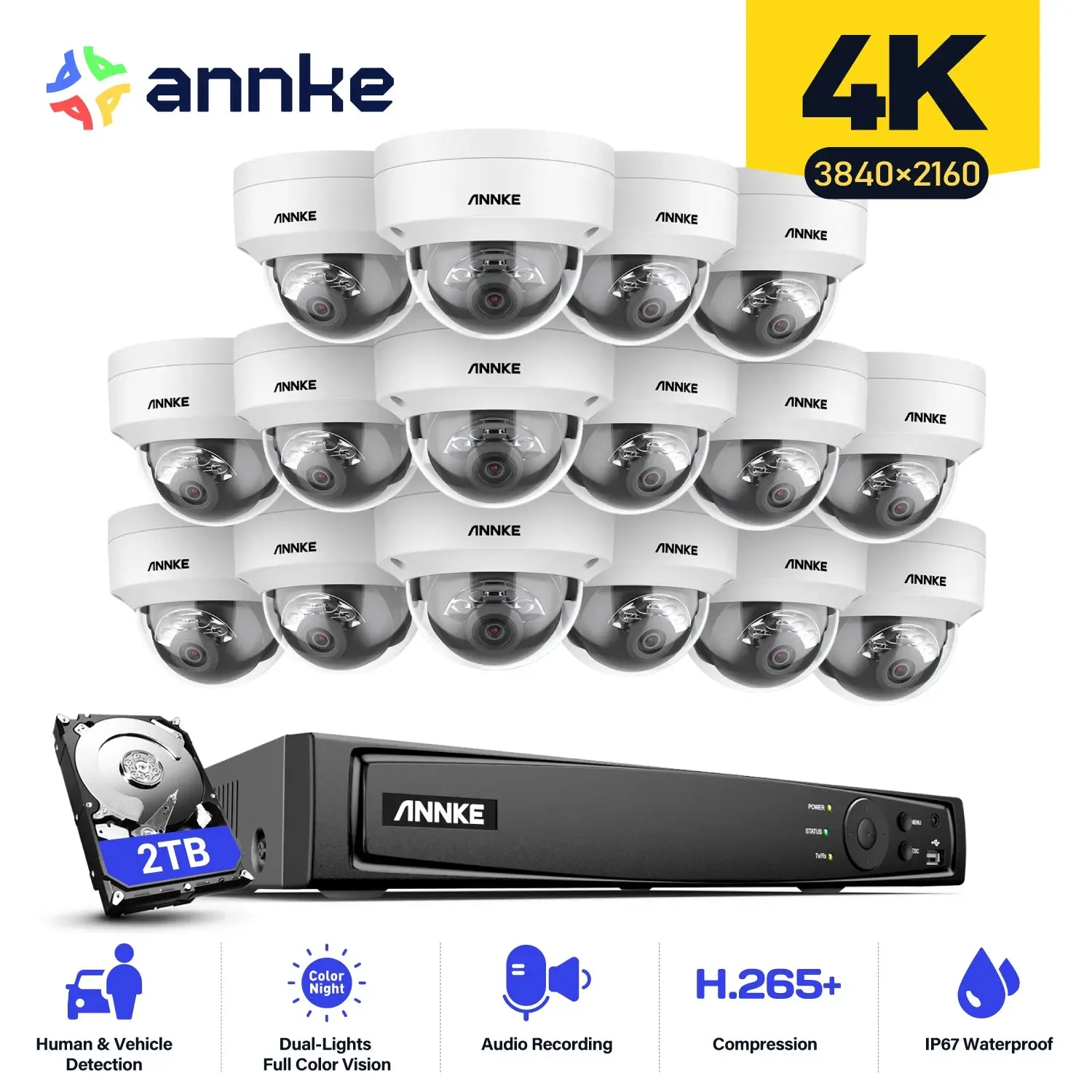 16-Camera 4K 8MP POE Security System — Smart Dual Light & Motion Detection NVR Kit