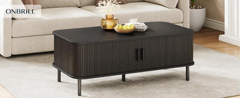 【Valentine's Day gift】ONBRILL Fluted Coffee Table with Storage,47.2" Modern Coffee Tables with Sliding Door, Rectangle Wood Center Table with Adjustable Leg for Living Room, Black