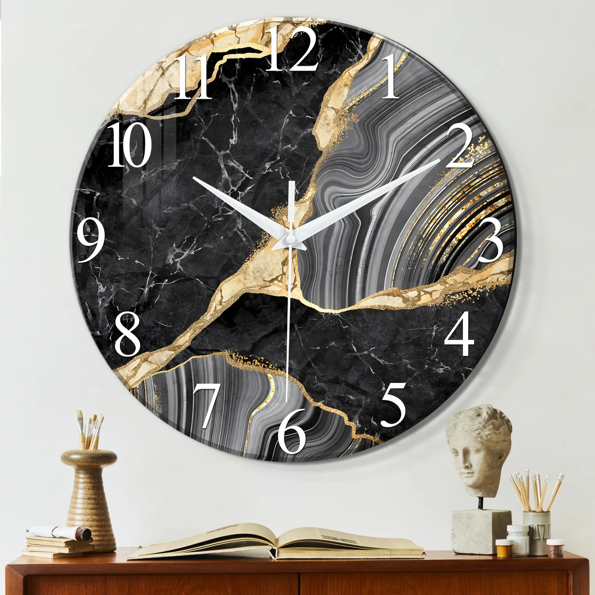 ConstantPlanet Large Black Glass Wall Clock, size 12–24 inches; large silent stone-texture design, battery-powered quartz clock, 4 mm tempered glass thickness, durable and long-lasting; suitable for living room, bedroom, and office decor; perfect as a hol