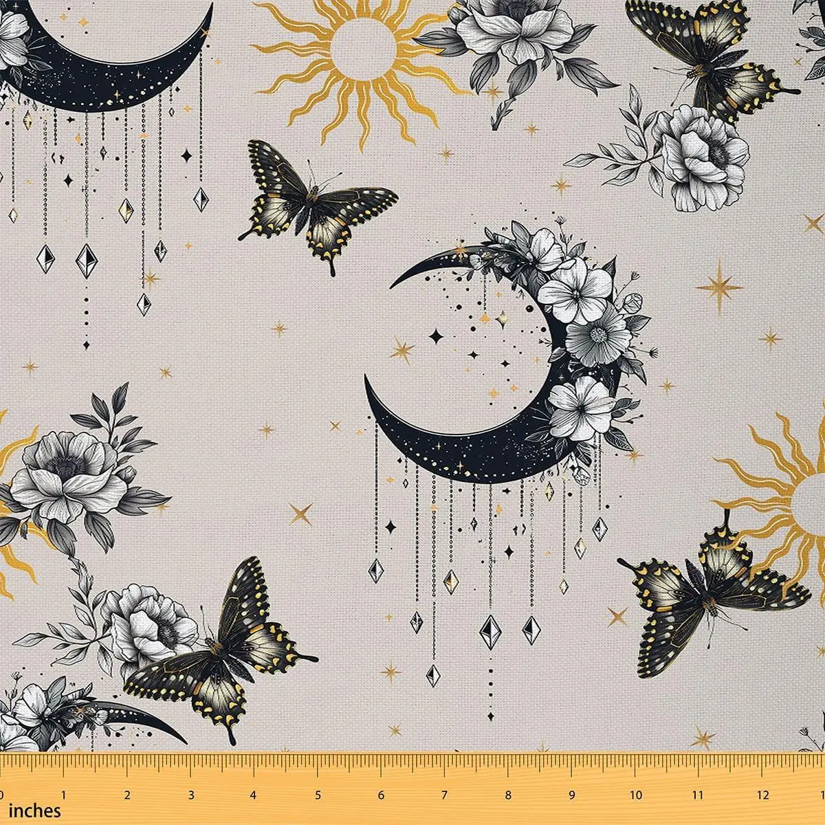 Feelyou Exotic Moon Polyester Fabric by the Yard - Soft, Non-Stretch Sewing Supply with Wild Butterflies, Yellow Boho Sun Stars, Retro Gray Poppies for Home Room Decor, Waterproof Dreamy Fabric