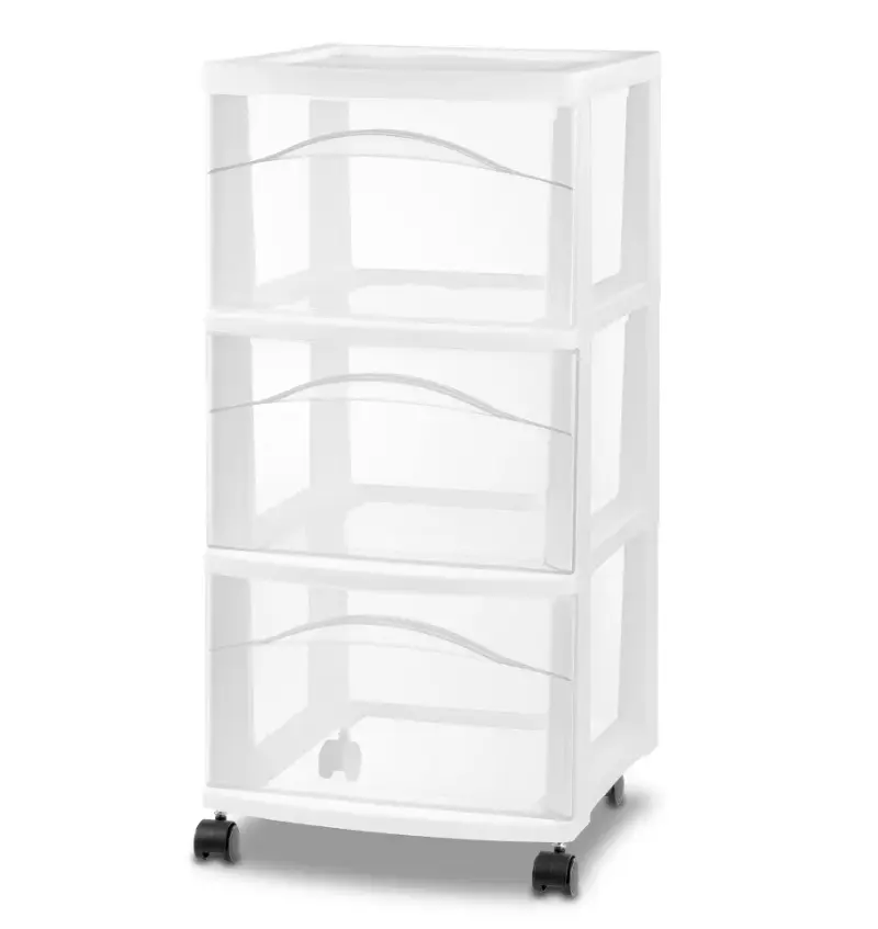 White 3-Drawer Medium Rolling Utility Cart, Portable Plastic Storage Drawer Organizer with Lockable Casters, No Assembly Needed for Bedroom Dorm Office Kitchen