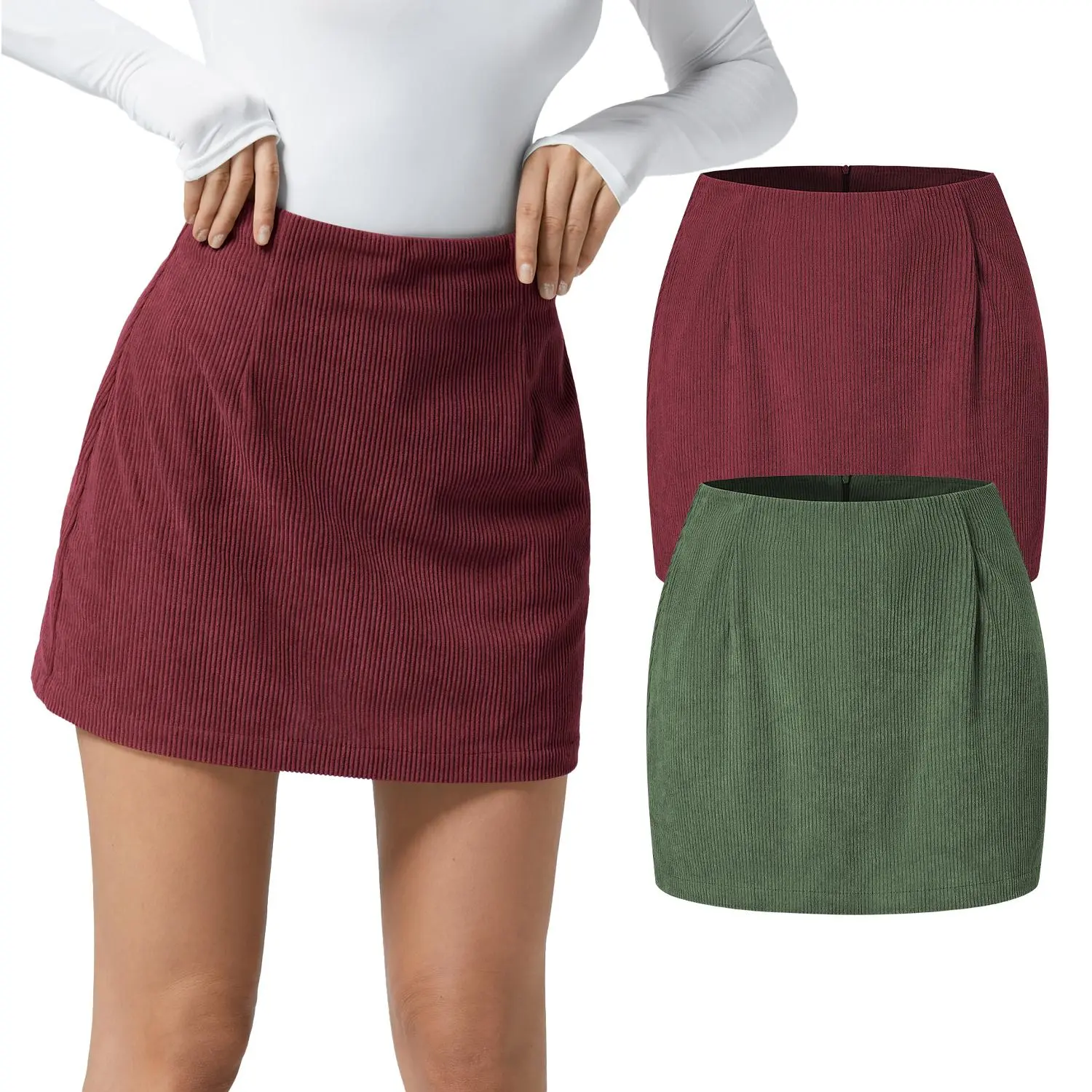 Halara 2-Piece High Waisted Invisible Zipper 2-in-1 Mini A-line Corduroy Casual Skirts Set