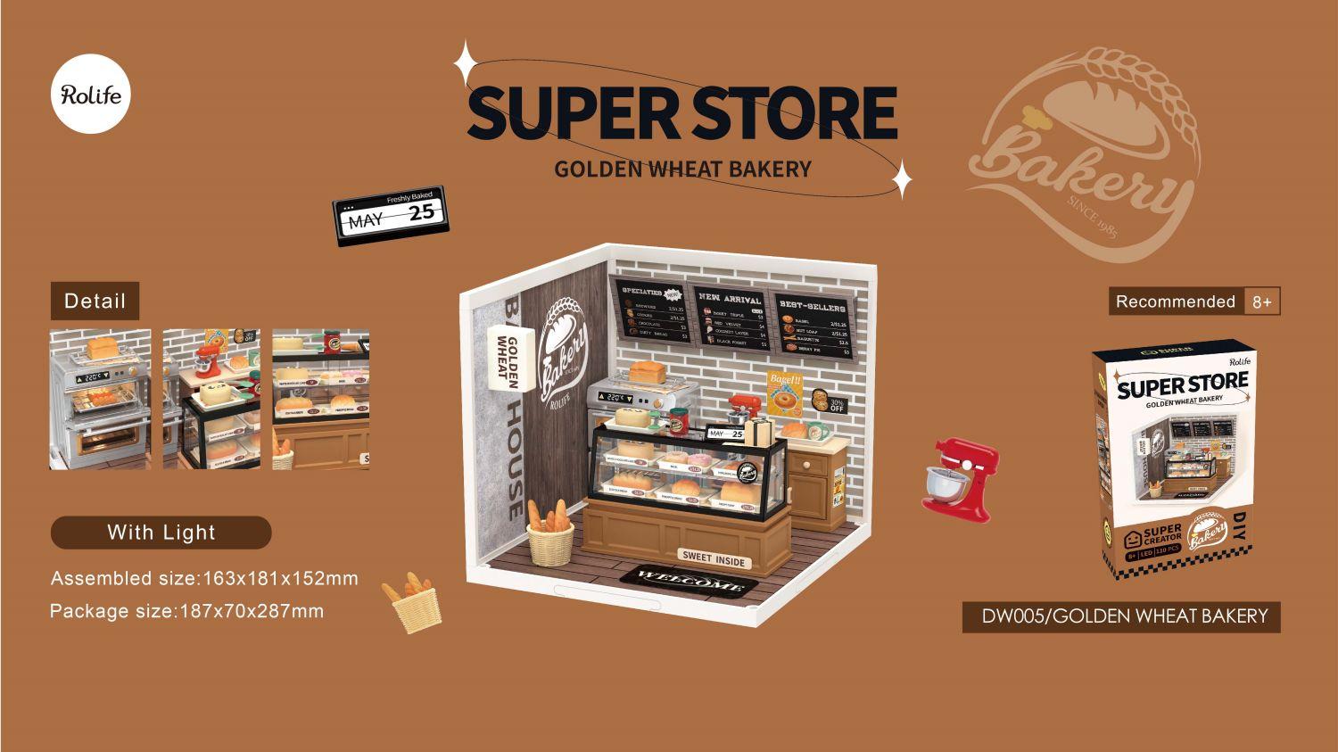 Rolife Super Creator Golden Wheat Bakery Plastic DIY Miniature House Kit DW005B