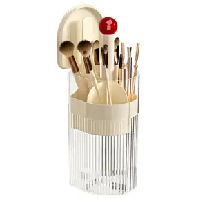 Makeup Brush Holder with Lid, One-Hand Press Open/Close Mechanism Cosmetic Tools Organizer, Clear Waterproof Dustproof Make Up Storage for Vanity, Bathroom Countertop-Cream-Red Ball