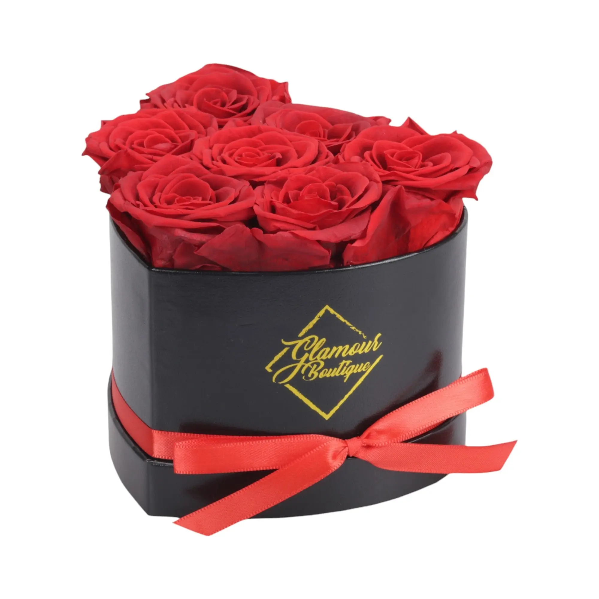 GLAMOUR BOUTIQUE Immortal Love Black Heart Decorative Eternal Flower Bouquet - 7 Red Forever Preserved Roses Box, Ideal for Birthday, Valentines Day