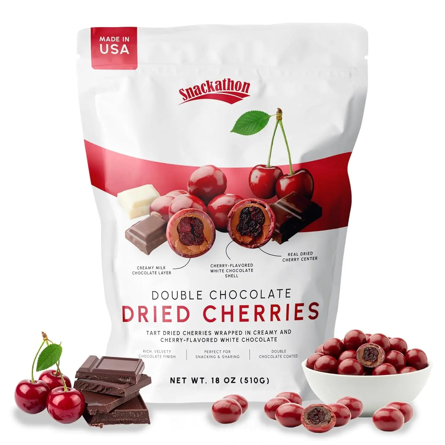 Snackathon Double Chocolate Covered Cherries, Resealable Bulk Bag, Tart Dried Red Cherries Coated in Creamy Milk Chocolate & White Chocolate, Indulgent for Snacking & Gifting