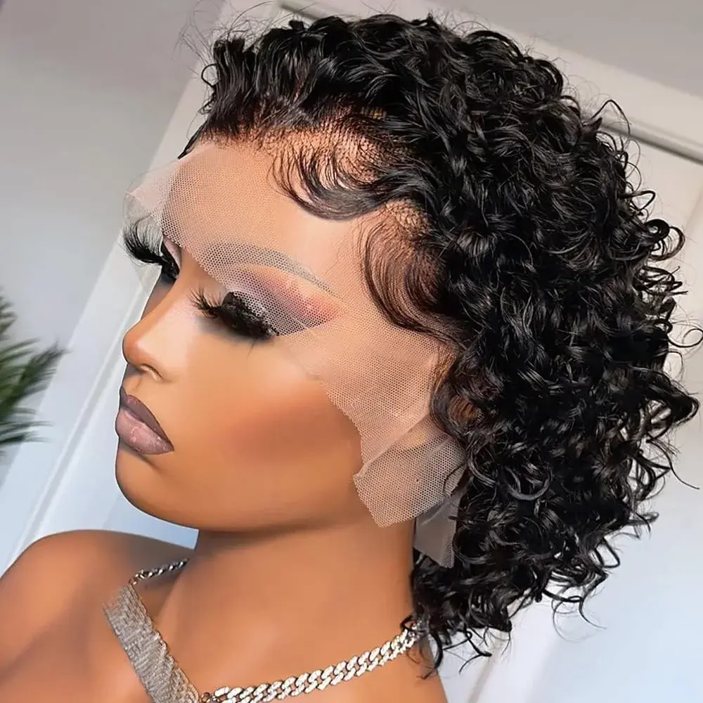MYLOCKME 13x1 Pixie Cut Wig Transparent Lace Front Human Hair Wig Short Kinky Curly Bob Wigs Brazilian Water Wave Human Hair Wigs For Women
