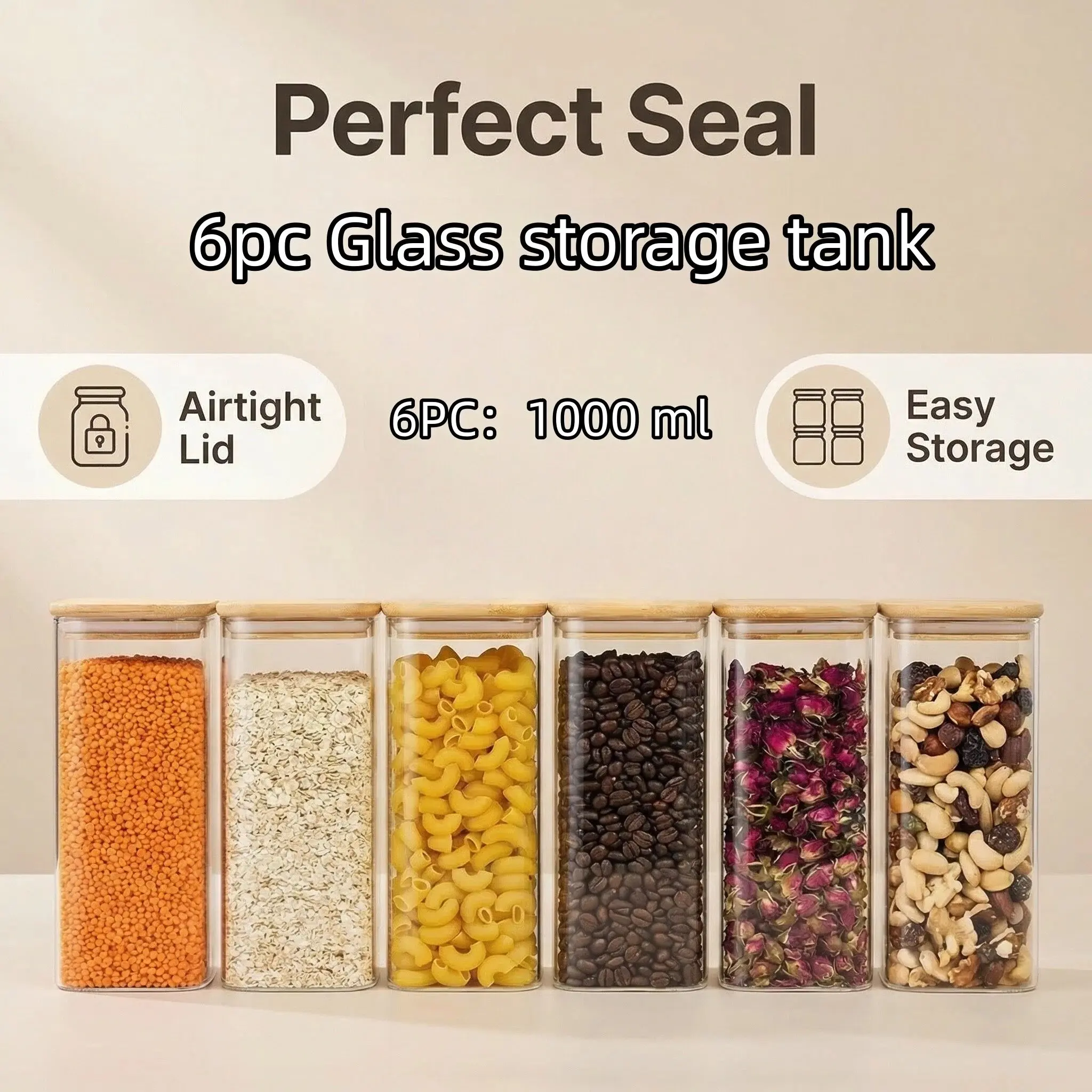 6pc； 1000ml/35oz square sealed cans, glass cans, high borosilicate glass products, transparent glass tea cans with bamboo lids, candy cans, biscuit cans, food sealed cans, nut storage cans, glass jar containers, glass jar sets, kitchen storage.