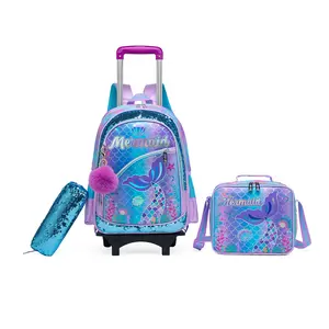 Mermaid Backpack for Girls 3PCS Fish Scale Print Primary Bookbags Set with Lunch Box for Kids