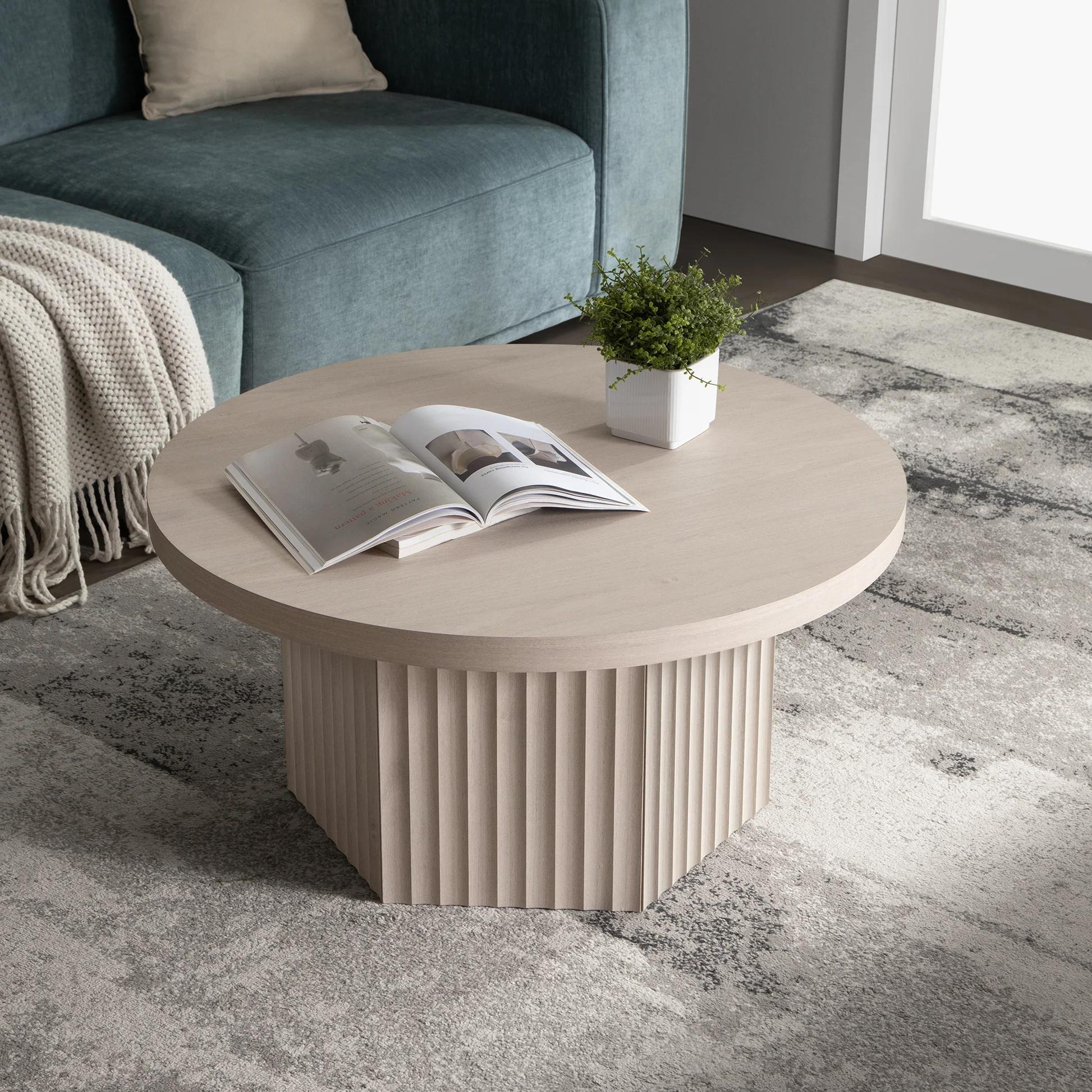 SICOTAS Round Coffee Table for Living Room, Modern Fluted Circle Center Coffee Table with Storage, 32" Accent Tea Dining Table for Apartment, Grey Alder