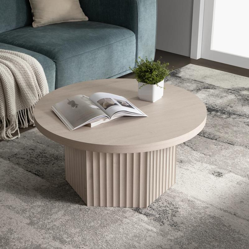 SICOTAS Round Coffee Table for Living Room, Modern Fluted Circle Center Coffee Table with Storage, 32" Accent Tea Dining Table for Apartment, Grey Alder