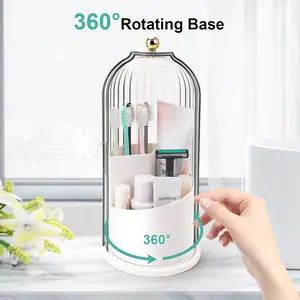 【EVERYTHING MUST GO!!!】Luxurious Makeup Brush Holder, Toothbrush holder organizer with Lid 360 Rotating Clear Dustproof, Beauty Brushes Storage for Vanity Bathroom Countertop, Transparent, Cosmetics Perfect Gift (Grey-White)