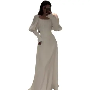 Women’s Square Neck Puff Sleeve Maxi Gown with Structured Bodice and Long Skirt