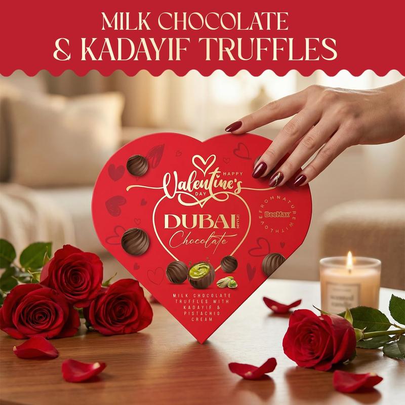 BeeMax Valentine’s Limited Edition Dubai Style Chocolate Truffles - 4.24oz Heart-Shaped Gift Box (Pack of 1) - Premium Milk Chocolate w/ Pistachio Cream & Crunchy Kadayif - Gourmet Candy for Your Loved One